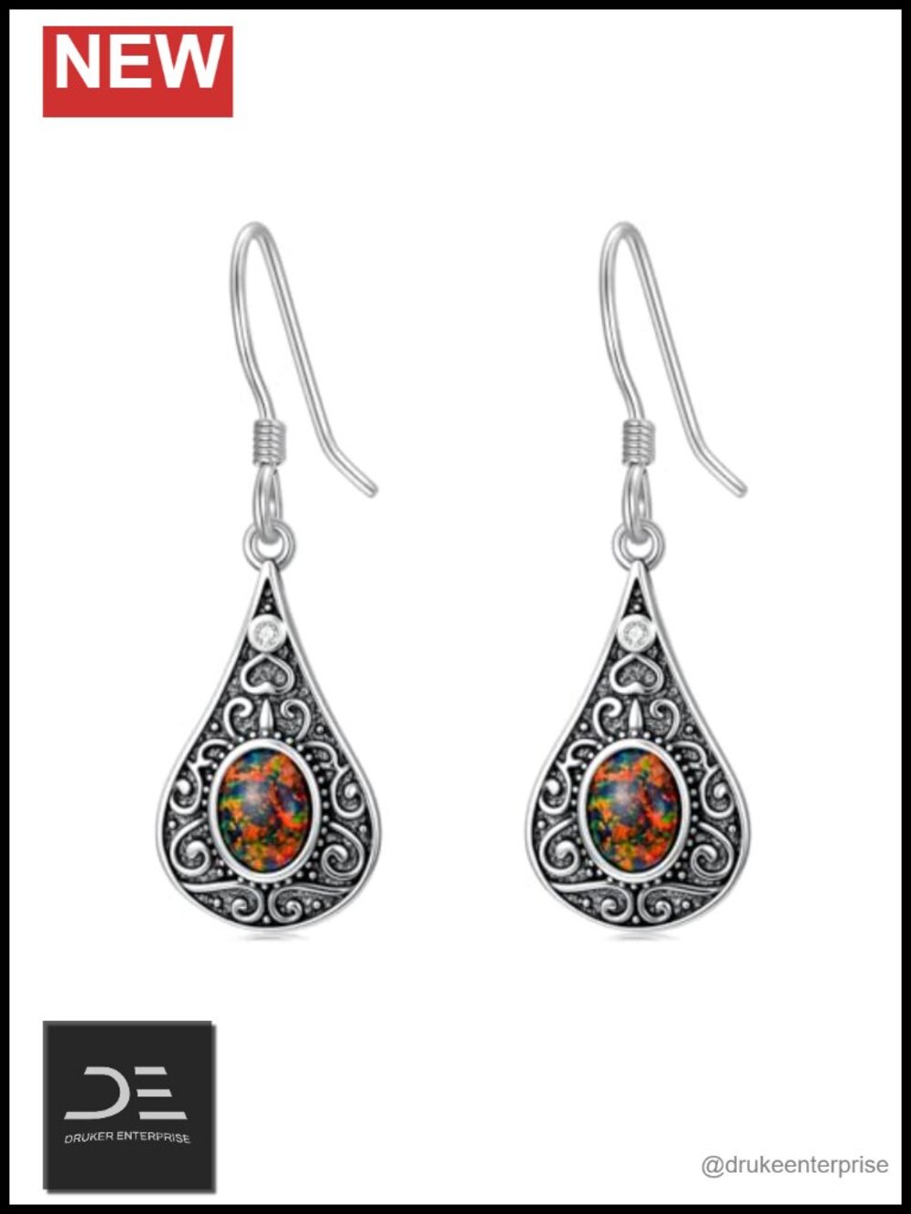Vintage Fire Opal Dangle Earrings 925 Sterling Silver with Diamond Accents